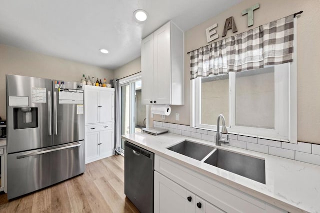 9560 Frank Way, Santee, CA 92071 - kitchen featuring stainless steel appliances, white cabinets, light wood-style floors, recessed lighting, and backsplash