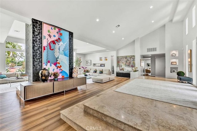 18782 Peppertree Dr, Villa Park, CA 92861 - living area with wood finished floors, high vaulted ceiling, and recessed lighting