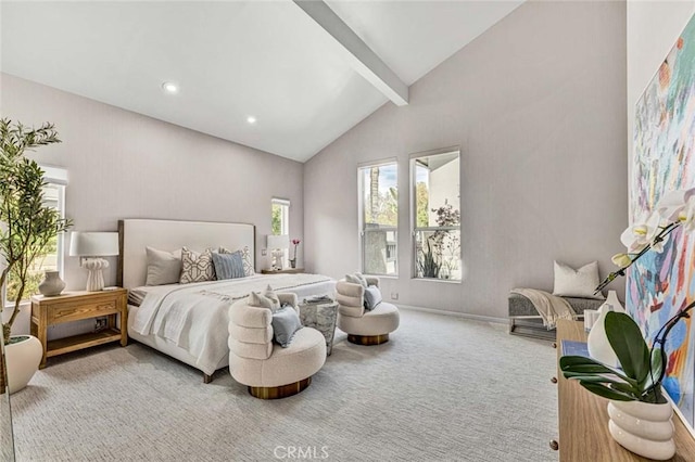 18782 Peppertree Dr, Villa Park, CA 92861 - carpeted bedroom with beam ceiling, high vaulted ceiling, recessed lighting, and baseboards