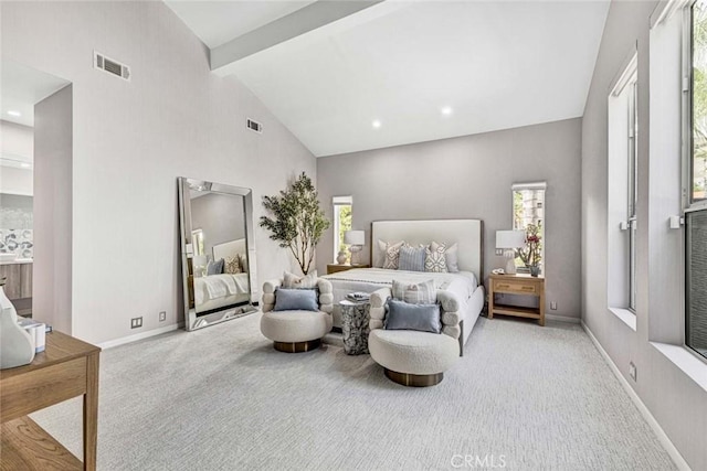 18782 Peppertree Dr, Villa Park, CA 92861 - bedroom with carpet floors, high vaulted ceiling, multiple windows, beamed ceiling, and baseboards