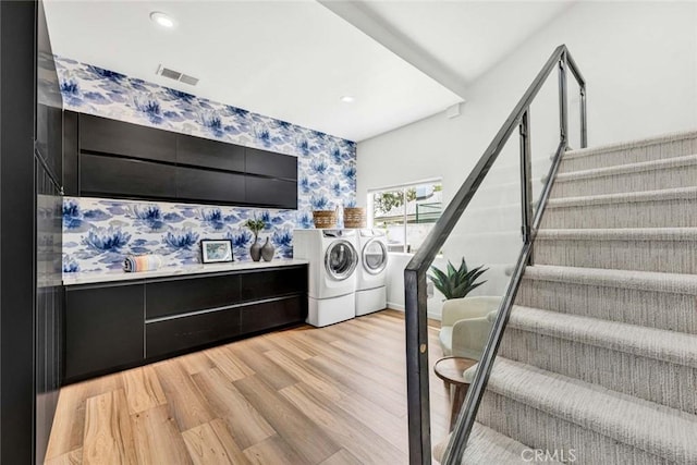 18782 Peppertree Dr, Villa Park, CA 92861 - laundry room featuring independent washer and dryer, wallpapered walls, light wood-type flooring, and recessed lighting