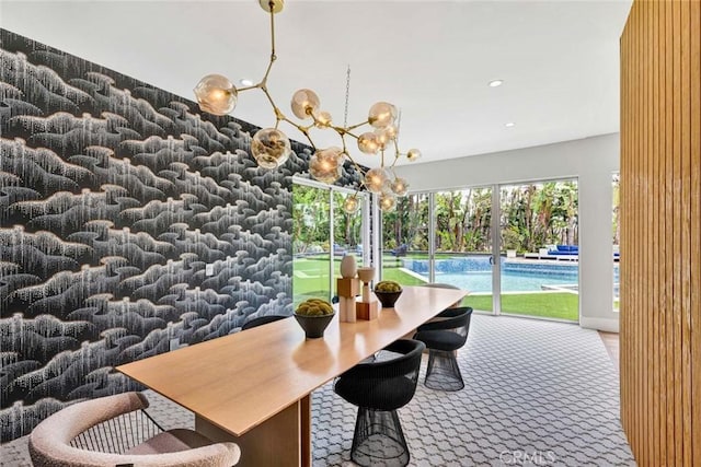 18782 Peppertree Dr, Villa Park, CA 92861 - dining area featuring carpet, recessed lighting, and a chandelier