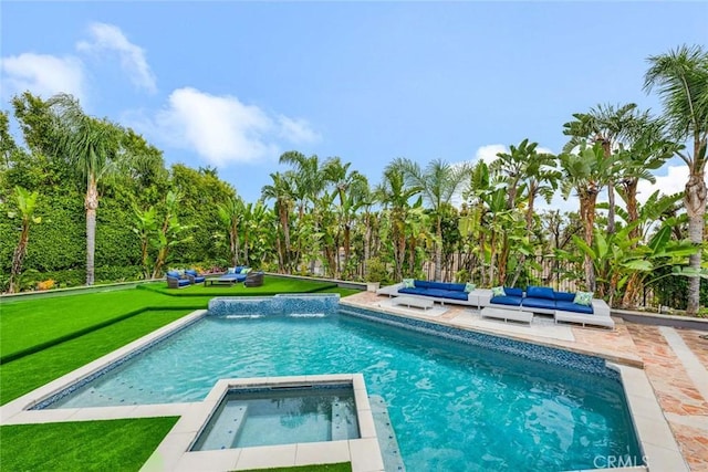 18782 Peppertree Dr, Villa Park, CA 92861 - view of swimming pool featuring an outdoor living space, an in-ground hot tub, a yard, and a patio area