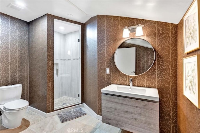 18782 Peppertree Dr, Villa Park, CA 92861 - full bathroom featuring toilet, a shower stall, wallpapered walls, vanity, and baseboards