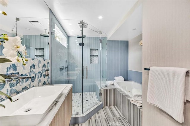 18782 Peppertree Dr, Villa Park, CA 92861 - bathroom with a bath, a stall shower, vanity, and recessed lighting