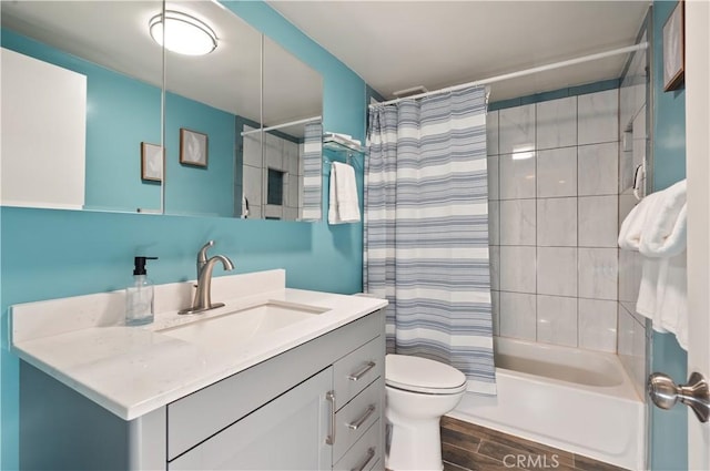 1015 N Michillinda Ave Unit 104, Pasadena, CA 91107 - bathroom featuring wood tiled floors, toilet, vanity, and shower / bath combo