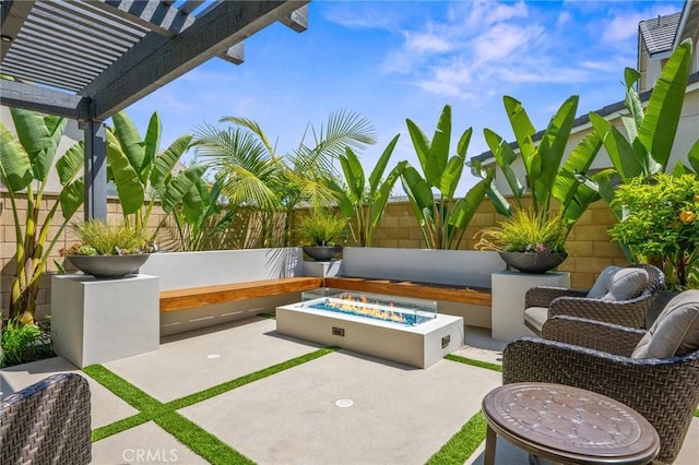 32404 Old Sage Dr, San Juan Capistrano, CA 92675 - view of patio with an outdoor fire pit, a pergola, and a fenced backyard