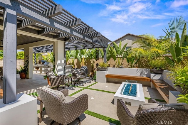 32404 Old Sage Dr, San Juan Capistrano, CA 92675 - view of patio / terrace featuring an outdoor fire pit, a pergola, and fence