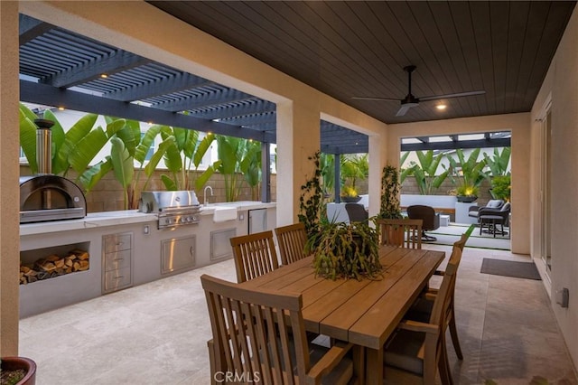 32404 Old Sage Dr, San Juan Capistrano, CA 92675 - view of patio / terrace featuring an outdoor kitchen, grilling area, a pergola, outdoor dining area, and a ceiling fan