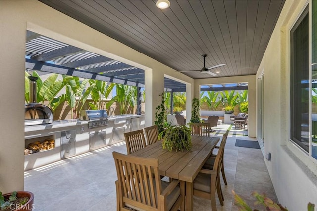 32404 Old Sage Dr, San Juan Capistrano, CA 92675 - view of patio featuring outdoor dining area, exterior kitchen, grilling area, a pergola, and ceiling fan