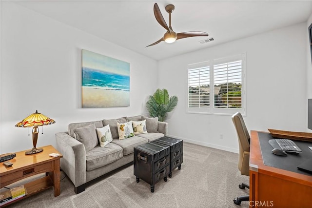 32404 Old Sage Dr, San Juan Capistrano, CA 92675 - living room with ceiling fan, an office area, light colored carpet, and baseboards