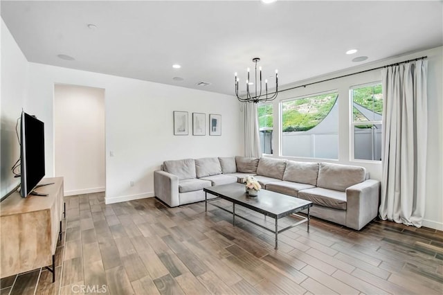 11837 Terra Vista Way, Sylmar, CA 91342 - living area with wood finished floors, a chandelier, baseboards, and recessed lighting