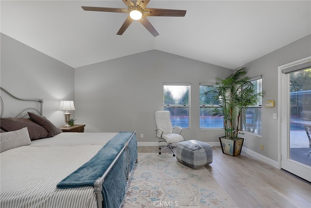 24632 Stagg St, West Hills, CA 91304 - bedroom featuring access to exterior, light wood-style floors, lofted ceiling, and ceiling fan
