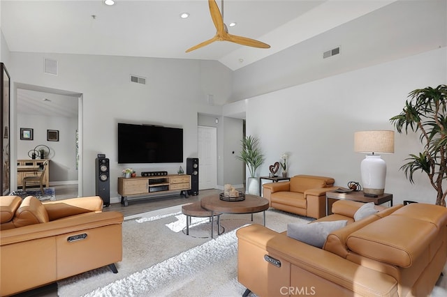 24632 Stagg St, West Hills, CA 91304 - living room with ceiling fan, recessed lighting, and high vaulted ceiling