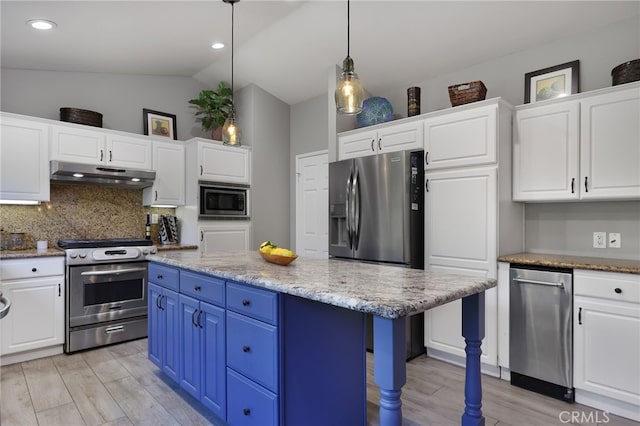 24632 Stagg St, West Hills, CA 91304 - kitchen with appliances with stainless steel finishes, under cabinet range hood, blue cabinetry, white cabinets, and lofted ceiling