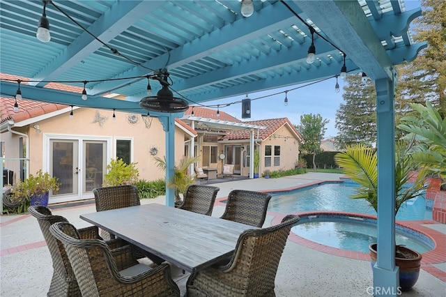 24632 Stagg St, West Hills, CA 91304 - view of patio featuring a pergola, french doors, outdoor dining area, and a pool with connected hot tub