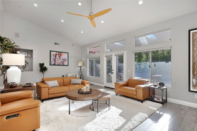 24632 Stagg St, West Hills, CA 91304 - living area with recessed lighting, wood finished floors, high vaulted ceiling, and ceiling fan