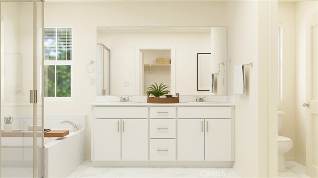 30051 Sunset Pier Dr, Menifee, CA 92584 - bathroom with marble look tiles, toilet, a bath, double vanity, and a stall shower