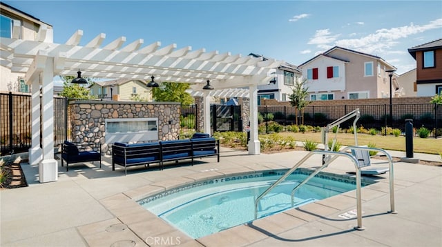 30051 Sunset Pier Dr, Menifee, CA 92584 - view of pool with a community hot tub, fence, a residential view, an outdoor living space with a fireplace, and a patio area