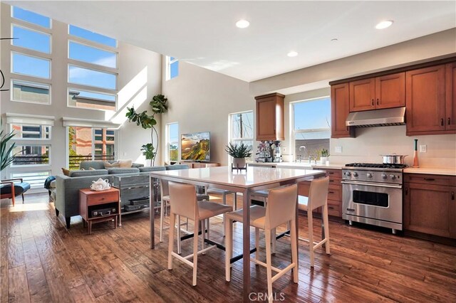 1508 W Artesia Unit H, Gardena, CA 90248 - kitchen with high end stainless steel range oven, under cabinet range hood, dark wood-style flooring, light countertops, and a high ceiling
