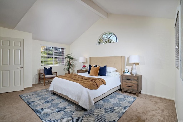 2935 Via Emerado, Carlsbad, CA 92009 - carpeted bedroom with beamed ceiling, baseboards, and high vaulted ceiling
