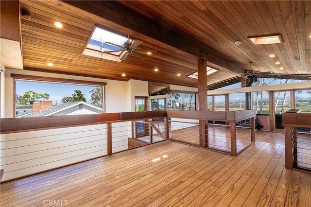 hall with a skylight, wooden ceiling, vaulted ceiling, wood-type flooring, and recessed lighting