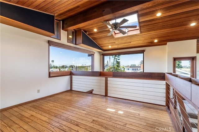 unfurnished room featuring healthy amount of natural light, a ceiling fan, wood ceiling, a skylight, and baseboards