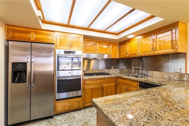 2405 Tustin Ave, Costa Mesa, CA 92627 - kitchen with appliances with stainless steel finishes, a sink, under cabinet range hood, brown cabinets, and ornamental molding
