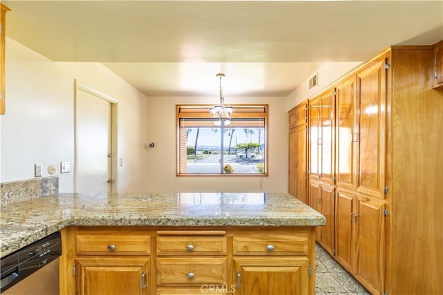 kitchen with stainless steel dishwasher, a peninsula, brown cabinetry, and light stone counters