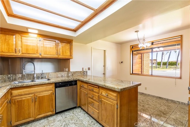 2405 Tustin Ave, Costa Mesa, CA 92627 - kitchen with dishwasher, a sink, a peninsula, and brown cabinets