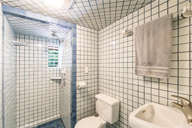bathroom with a sink, tile walls, toilet, and a shower stall