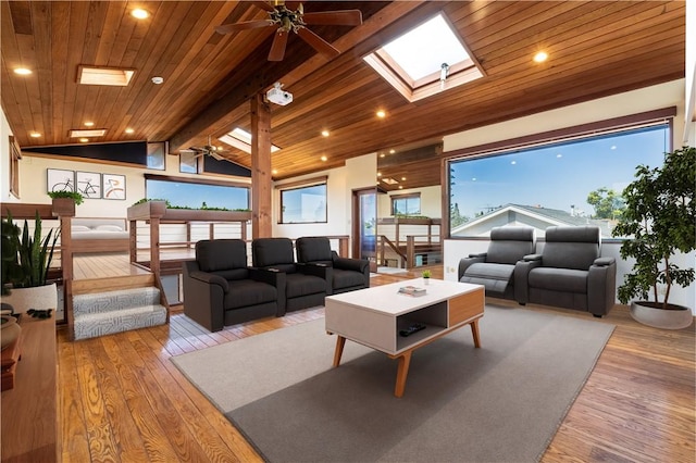 2405 Tustin Ave, Costa Mesa, CA 92627 - living room featuring ceiling fan, hardwood / wood-style floors, lofted ceiling, wooden ceiling, and a skylight