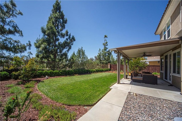 43075 Beamer Ct, Temecula, CA 92592 - view of yard featuring ceiling fan, a patio area, and an outdoor living space