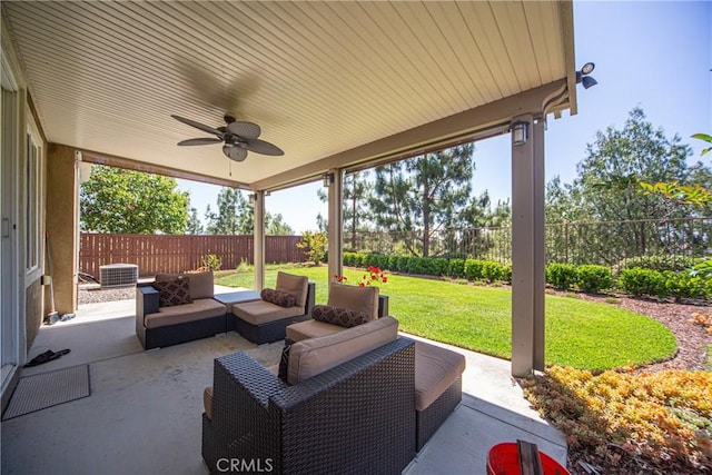 43075 Beamer Ct, Temecula, CA 92592 - view of patio / terrace featuring ceiling fan, an outdoor living space, and central AC unit