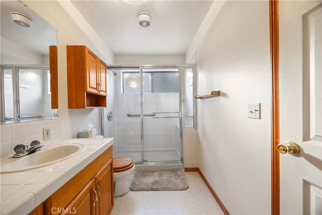 2513 Arbor Dr, Pine Mountain Club, CA 93225 - bathroom with a shower stall, vanity, toilet, and baseboards