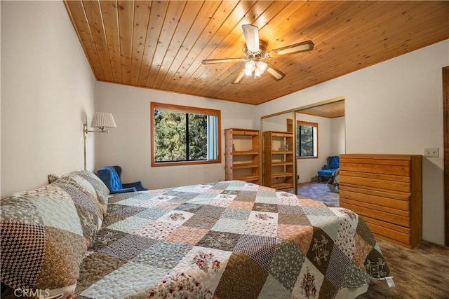 2513 Arbor Dr, Pine Mountain Club, CA 93225 - carpeted bedroom with wood ceiling, ceiling fan, and a closet