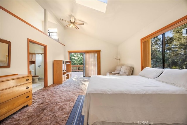2513 Arbor Dr, Pine Mountain Club, CA 93225 - bedroom featuring carpet floors, access to outside, high vaulted ceiling, and ensuite bath