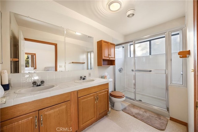 2513 Arbor Dr, Pine Mountain Club, CA 93225 - full bathroom with a stall shower, double vanity, toilet, and decorative backsplash