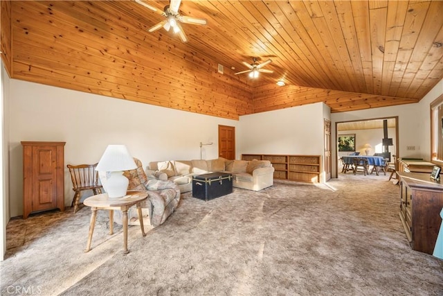 2513 Arbor Dr, Pine Mountain Club, CA 93225 - carpeted living area with ceiling fan, vaulted ceiling, and wood ceiling