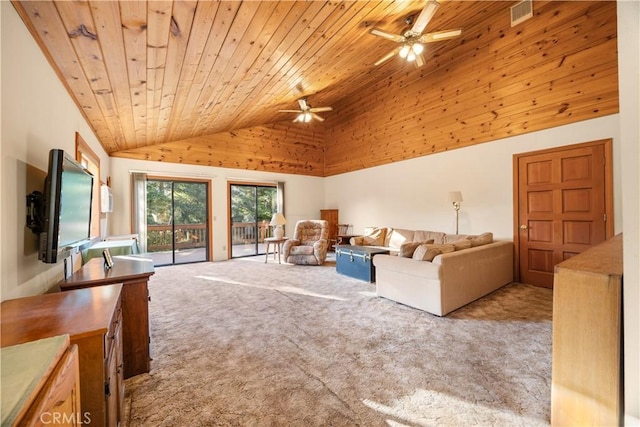 2513 Arbor Dr, Pine Mountain Club, CA 93225 - carpeted living room with ceiling fan, lofted ceiling, and wooden ceiling