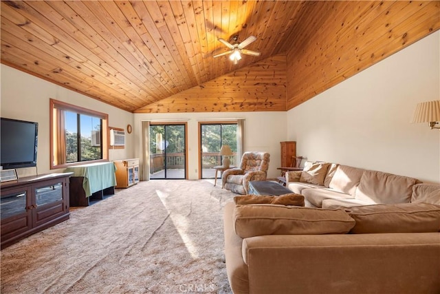 2513 Arbor Dr, Pine Mountain Club, CA 93225 - carpeted living room with wood ceiling, ceiling fan, high vaulted ceiling, and a wall unit AC