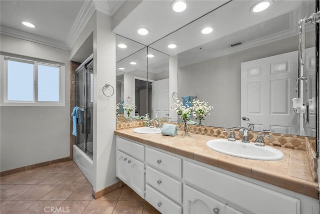 24441 Indian Hill Ln, West Hills, CA 91307 - bathroom featuring crown molding, double vanity, combined bath / shower with glass door, tile patterned floors, and recessed lighting
