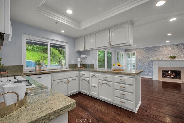 24441 Indian Hill Ln, West Hills, CA 91307 - kitchen with a peninsula, ornamental molding, white cabinetry, dark wood-style floors, and a fireplace with flush hearth