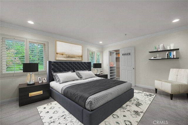 24441 Indian Hill Ln, West Hills, CA 91307 - bedroom with crown molding, baseboards, recessed lighting, multiple windows, and carpet