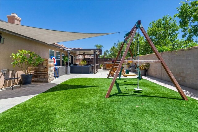 25515 Mountain Springs St, Menifee, CA 92584 - view of yard featuring a playground, a patio, ceiling fan, and an outdoor hangout area