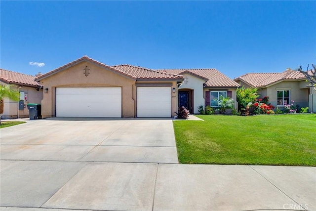 25515 Mountain Springs St, Menifee, CA 92584 - mediterranean / spanish-style house featuring a garage, stucco siding, concrete driveway, and a front yard