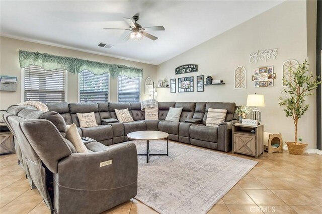 25515 Mountain Springs St, Menifee, CA 92584 - living room with ceiling fan, light tile patterned flooring, and vaulted ceiling