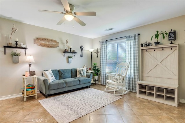 25515 Mountain Springs St, Menifee, CA 92584 - living area with tile patterned flooring, ceiling fan, and baseboards