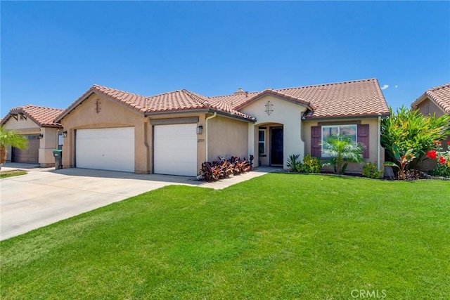 25515 Mountain Springs St, Menifee, CA 92584 - mediterranean / spanish-style home featuring an attached garage, stucco siding, a front yard, driveway, and a tiled roof