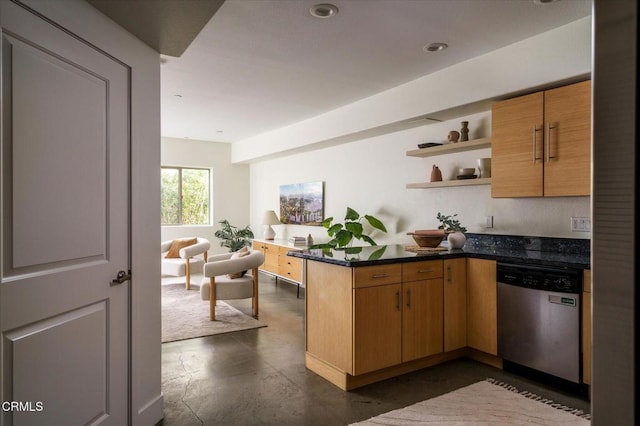 kitchen with dishwasher, a peninsula, open shelves, concrete floors, and dark countertops